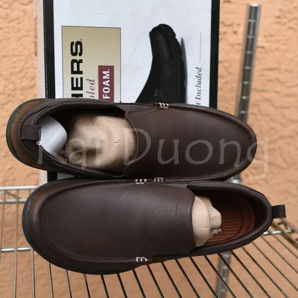 Men Leather Slip-On shoes Skechers relaxed fit Brown , - Picture 2 of 8